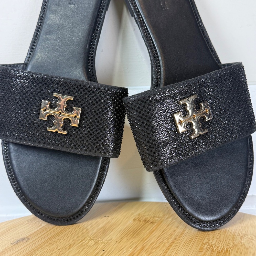 Tory Burch Slide Sandals Womens 42 Black Crystal Embellished Logo Flat Glam Lux